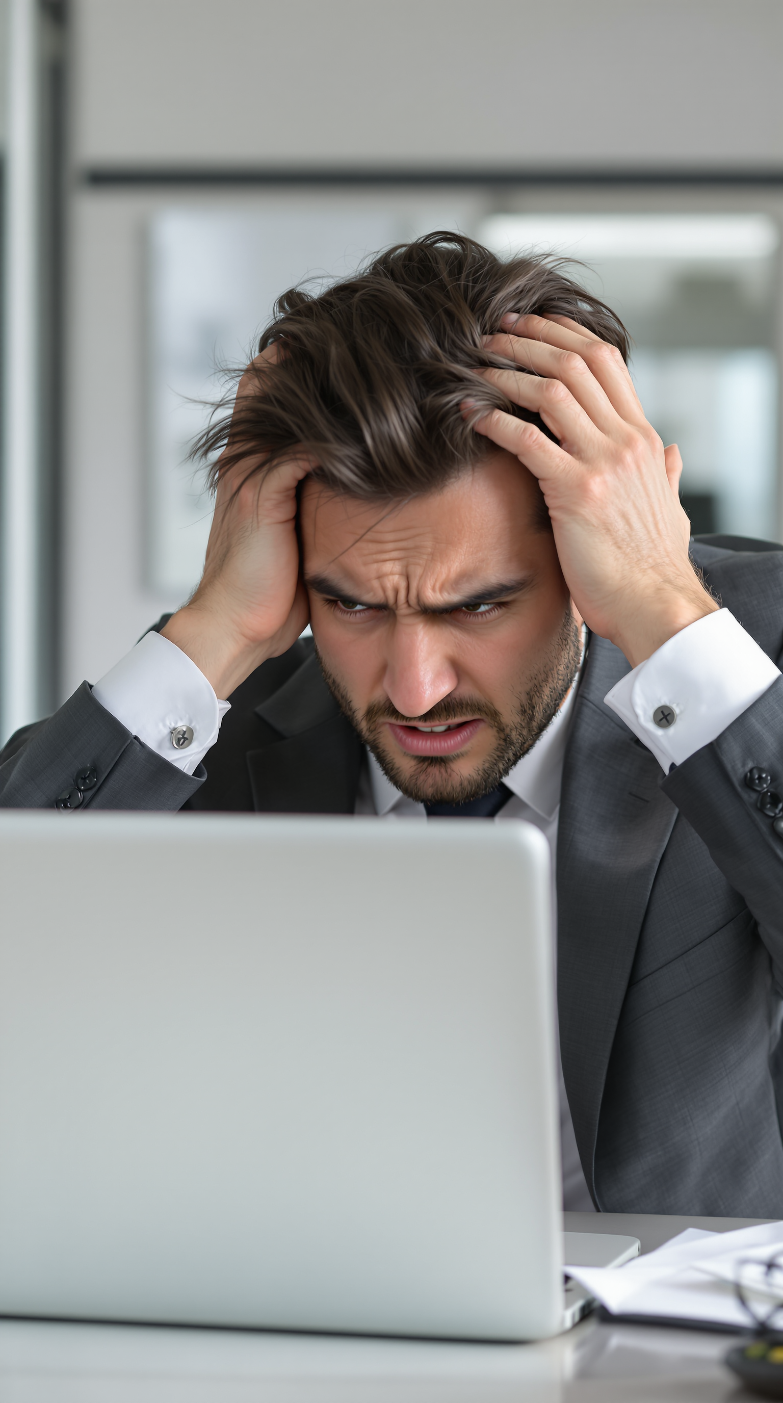 Frustrated sales rep logging data into CRM